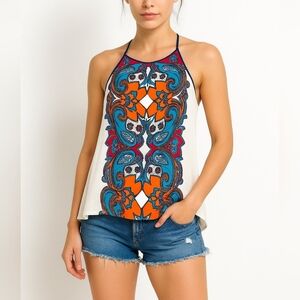 Nell Tank Womens Sz S Multi Paisley Western Silk Asymmetrical Camisole Festival